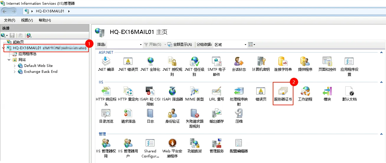 IIS 管理器 - 服务器证书选项