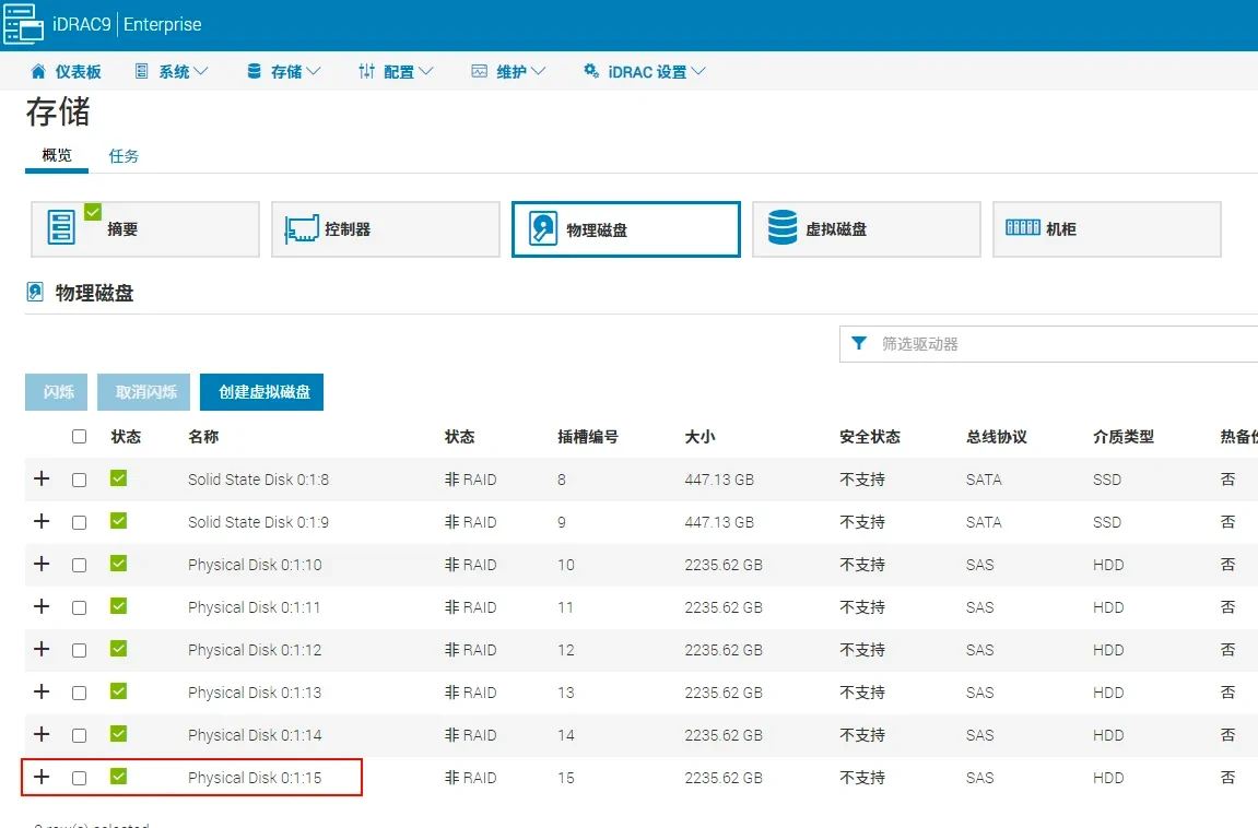 iDRAC 物理磁盘界面